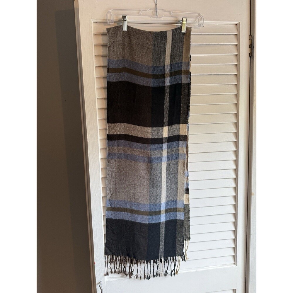 Women’s Classic Plaid Rectangle Scarf with Fringe Brown Beige Blue Academia